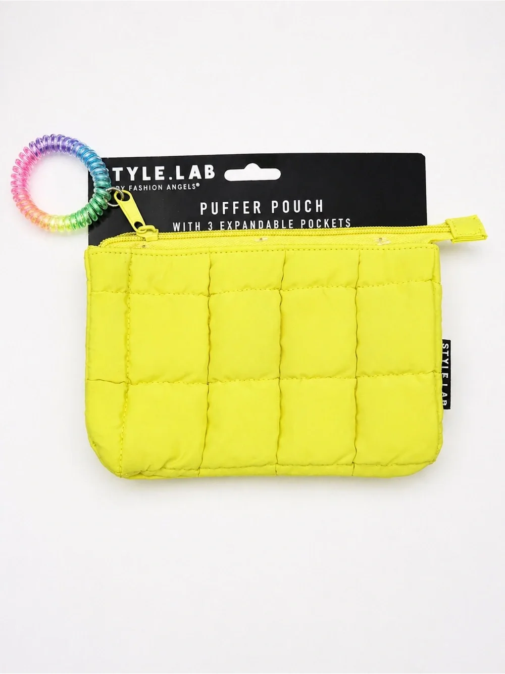 STYLE.LAB Neon Yellow Puffer Pouch w/ 3 Expandable Pockets + Wrist Charm NWT